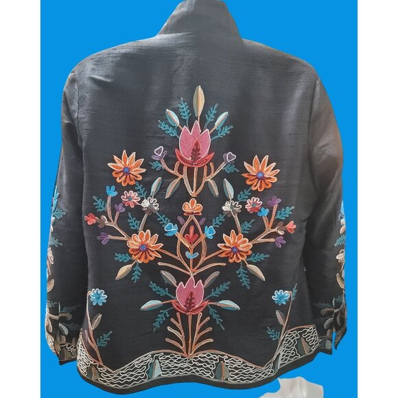 Anu Womens Large Embroidered Silk Jacket Black Multicolor Floral Design - Picture 3 of 10